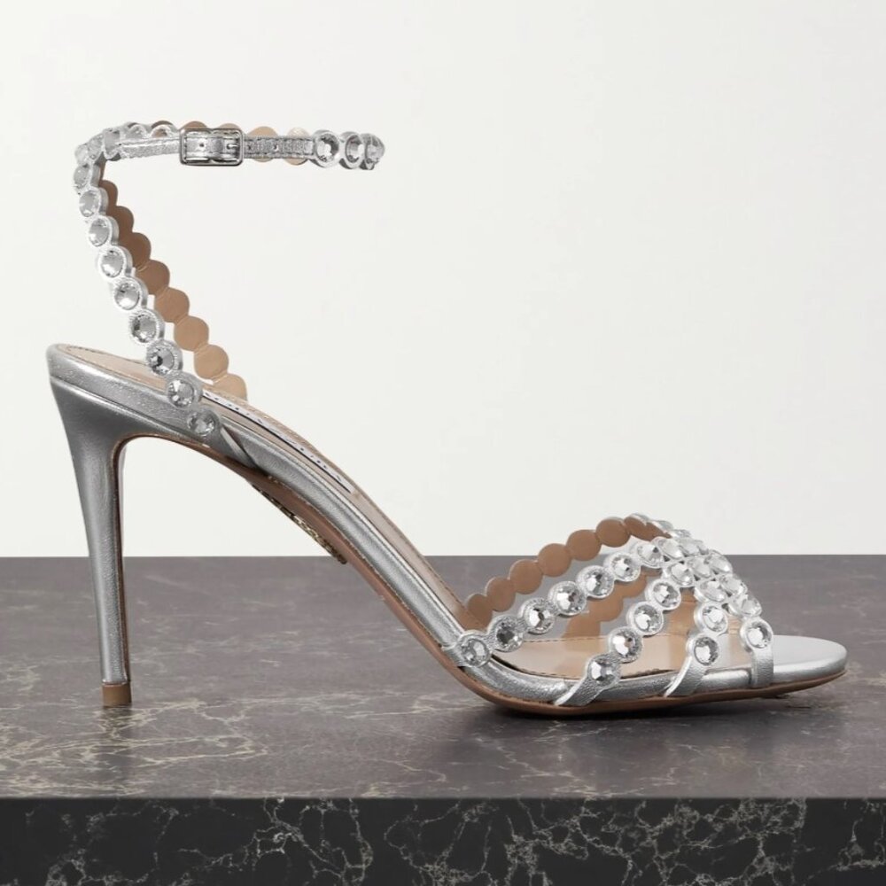 Aquazzura Tequila 85 crystal-embellished metallic leather sandals size 40 NWT